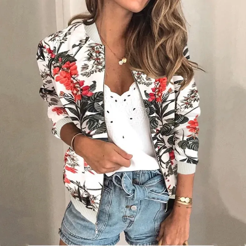 Wuhaobo Retro Floral Print Zip-Up Bomber Jacket for Women