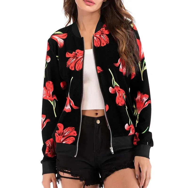 Wuhaobo Retro Floral Print Zip-Up Bomber Jacket for Women