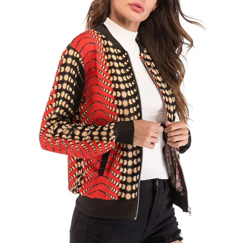 Wuhaobo Retro Floral Print Zip-Up Bomber Jacket for Women