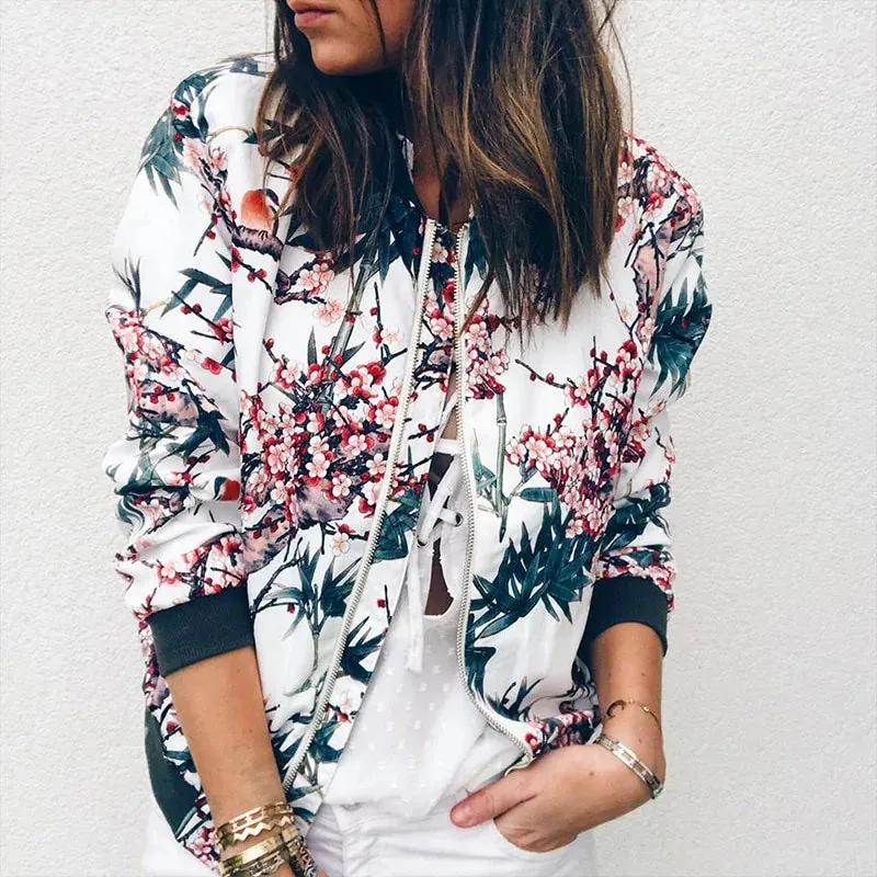 Wuhaobo Retro Floral Print Zip-Up Bomber Jacket for Women