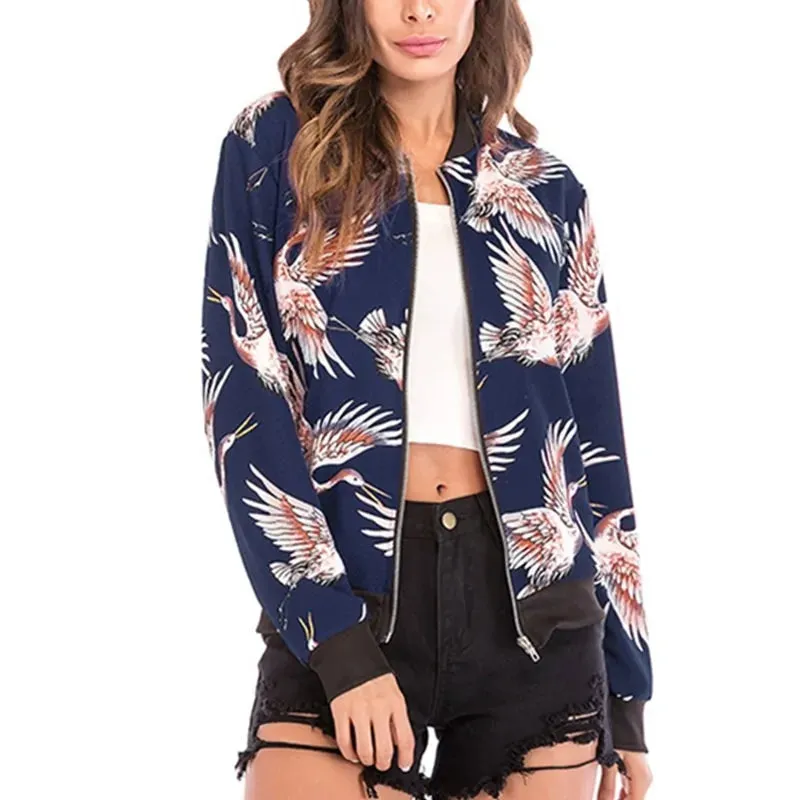 Wuhaobo Retro Floral Print Zip-Up Bomber Jacket for Women