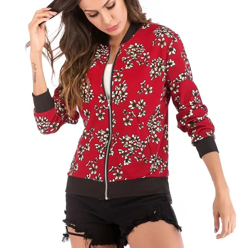 Wuhaobo Retro Floral Print Zip-Up Bomber Jacket for Women